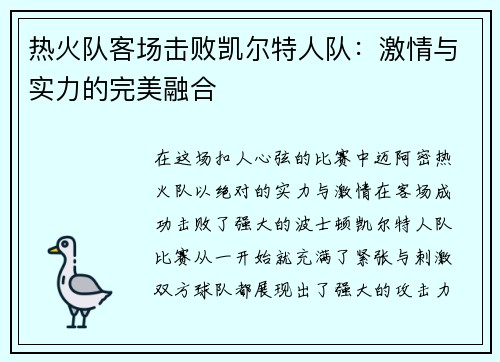 热火队客场击败凯尔特人队：激情与实力的完美融合